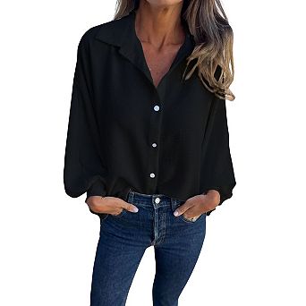 Women Lapel Button Down Lantern Long Sleeve Loose Casual Blouse Shirt