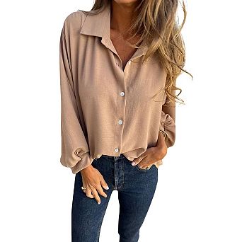 Women Lapel Button Down Lantern Long Sleeve Loose Casual Blouse Shirt