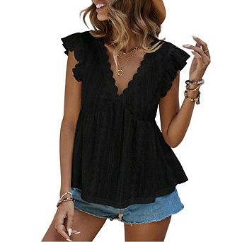 Women Lace Trim V Neck Ruffle Sleeveless Ruched Flowy Babydoll Blouse