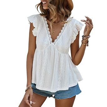 Women Lace Trim V Neck Ruffle Sleeveless Ruched Flowy Babydoll Blouse