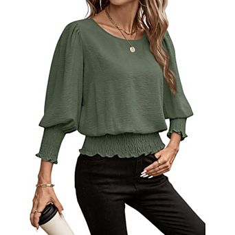 Women Round Neck Puff Three Quarter Sleeve Smocked Waist Casual Blouse