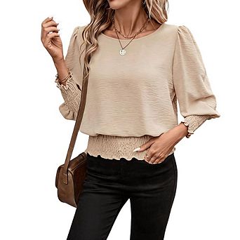 Women Round Neck Puff Three Quarter Sleeve Smocked Waist Casual Blouse