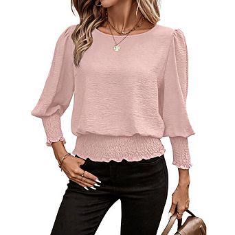 Women Round Neck Puff Three Quarter Sleeve Smocked Waist Casual Blouse
