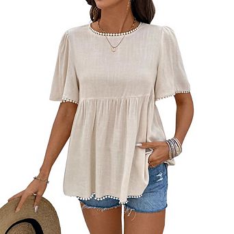 Women Pom Pom Trim Round Neck Flutter Short Sleeve Babydoll Blouse