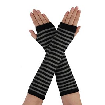 Dark Gray Black Striped Pattern Stretchy Long Knitted Arm Warmer Gloves for Women Ladies Men