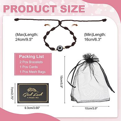 2Pcs Evil Eye Bracelet Handmade Knots Braided Rope String Adjustable Bracelet Set w Card & Mesh Bag