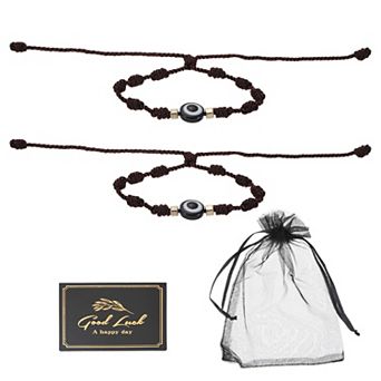 2 pc Evil Eye Bracelet Handmade Knots Braided Rope String Adjustable Bracelet Set w Card & Mesh Bag
