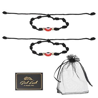 2 pc Evil Eye Bracelet Handmade Knots Braided Rope String Adjustable Bracelet Set w Card & Mesh Bag