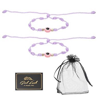 2 pc Evil Eye Bracelet Handmade Knots Braided Rope String Adjustable Bracelet Set w Card & Mesh Bag