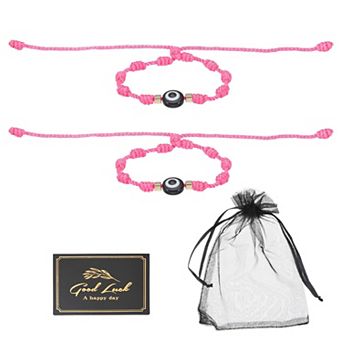 2 pc Evil Eye Bracelet Handmade Knots Braided Rope String Adjustable Bracelet Set w Card & Mesh Bag