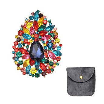 Vintage Crystal Rhinestone Brooch for Women, 3.7 Inch Flower Lapel Pins Tear Drop Brooch Pin