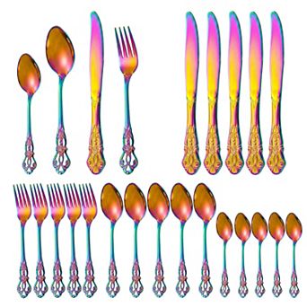 24 pc Silverware Set, Stainless Steel Floral Flatware Serving Utensils Set