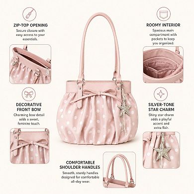 Polka Dot Ruched Shoulder Bag with Bow Detail and Metal Charm
