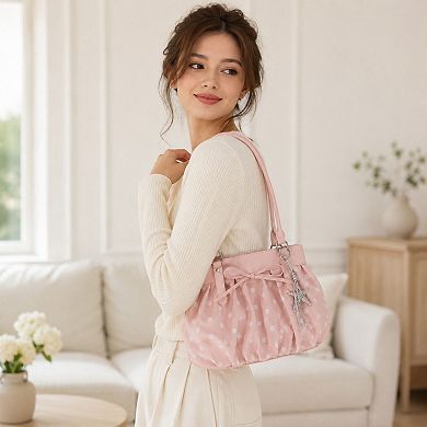 Polka Dot Ruched Shoulder Bag with Bow Detail and Metal Charm