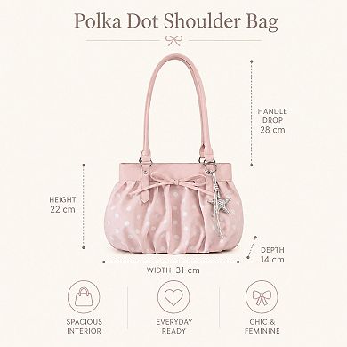 Polka Dot Ruched Shoulder Bag with Bow Detail and Metal Charm