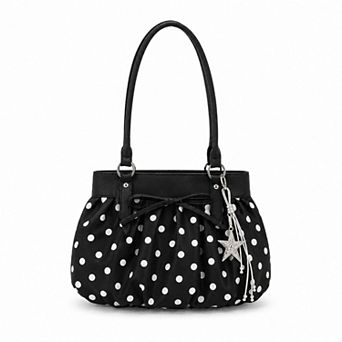 Polka Dot Ruched Shoulder Bag with Bow Detail and Metal Charm