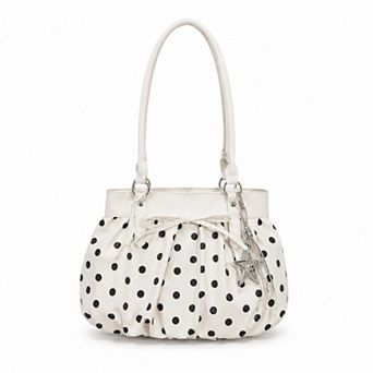 Polka Dot Ruched Shoulder Bag with Bow Detail and Metal Charm