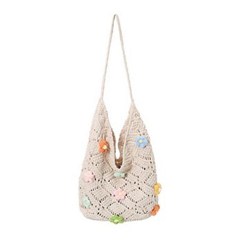 Women's Crochet Woven Shoulder Bag with Floral Applique Open Knit Hobo Design