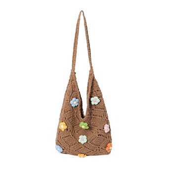 Women's Crochet Woven Shoulder Bag with Floral Applique Open Knit Hobo Design
