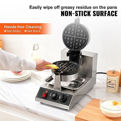 YIORTWO Commercial Round Waffle Maker Rotating Nonstick Waffle Iron 1300W Machine