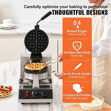YIORTWO Commercial Round Waffle Maker Rotating Nonstick Waffle Iron 1300W Machine