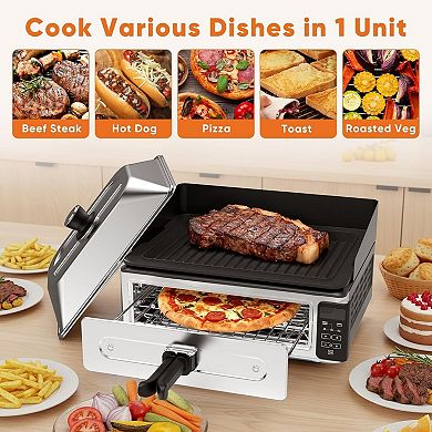 YIORTWO 2 in 1 Countertop Grill Oven Combo Digital Temp Timer Complete Accessories Set