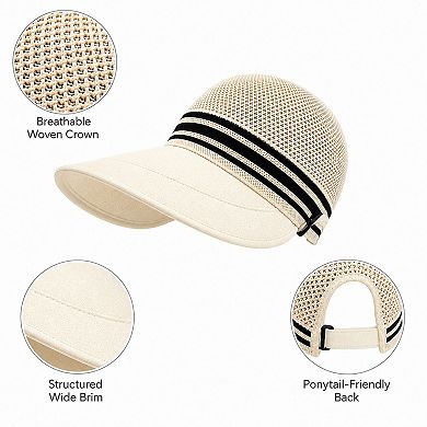 Women's Woven Wide Brim Visor Hat with Striped Band Mesh Crown Adjustable Back Strap