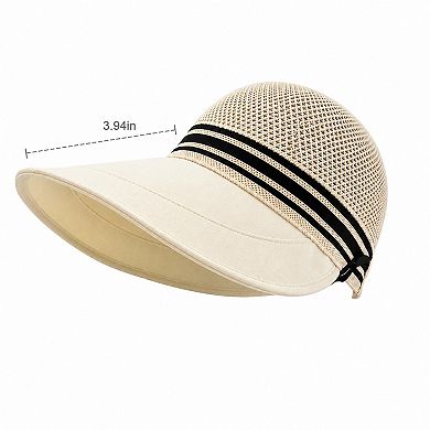 Women's Woven Wide Brim Visor Hat with Striped Band Mesh Crown Adjustable Back Strap