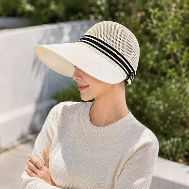 Women's Woven Wide Brim Visor Hat with Striped Band Mesh Crown Adjustable Back Strap
