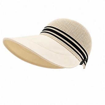 Women's Woven Wide Brim Visor Hat with Striped Band Mesh Crown Adjustable Back Strap