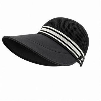 Women's Woven Wide Brim Visor Hat with Striped Band Mesh Crown Adjustable Back Strap