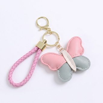 2 pc Womens Faux Leather Bag Charm Keychain with Braided Wrist Strap and Gold Tone Ring