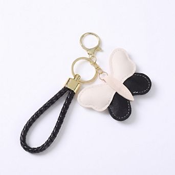 2 pc Womens Faux Leather Bag Charm Keychain with Braided Wrist Strap and Gold Tone Ring