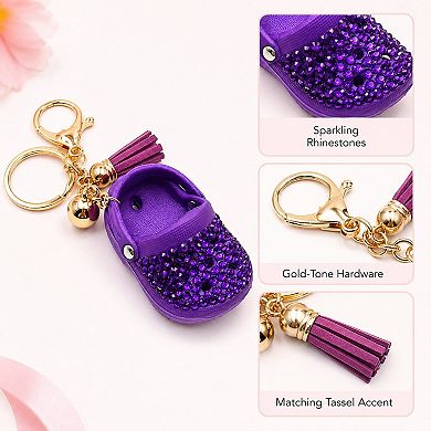 Rhinestone Mini Clog Keychain Bag Charm with Tassel Gold Tone Clip and Key Ring