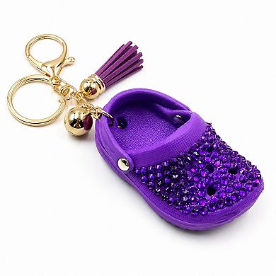 Rhinestone Mini Clog Keychain Bag Charm with Tassel Gold Tone Clip and Key Ring