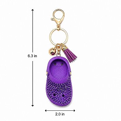 Rhinestone Mini Clog Keychain Bag Charm with Tassel Gold Tone Clip and Key Ring