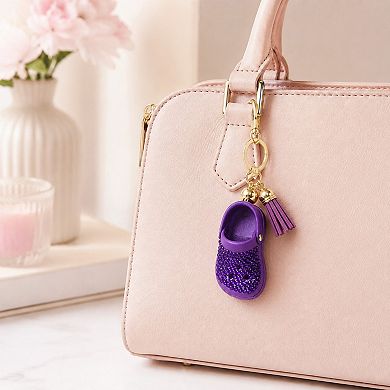 Rhinestone Mini Clog Keychain Bag Charm with Tassel Gold Tone Clip and Key Ring