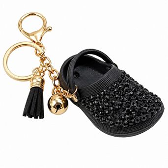 Rhinestone Mini Clog Keychain Bag Charm with Tassel Gold Tone Clip and Key Ring