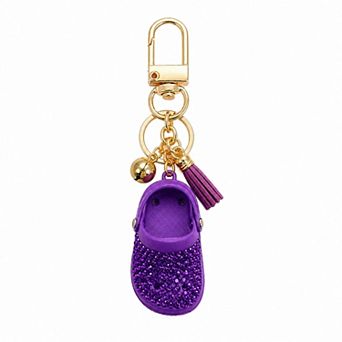 Rhinestone Mini Clog Keychain Bag Charm with Tassel Gold Tone Clip and Key Ring