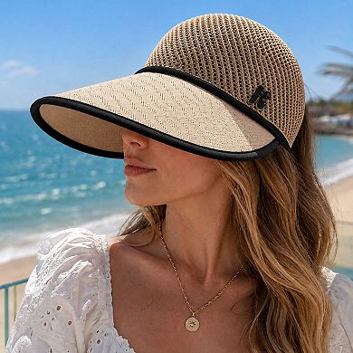 Women's Wide Brim Woven Visor Hat with UPF 50 Plus Crown Ponytail Back and Contrast Trim