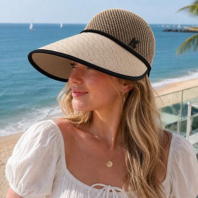 Women's Wide Brim Woven Visor Hat with UPF 50 Plus Crown Ponytail Back and Contrast Trim