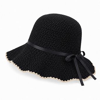 Women's Woven Bucket Hat with Scalloped Brim Ribbon Band and Bow Tie Accent