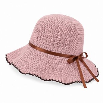 Women's Woven Bucket Hat with Scalloped Brim Ribbon Band and Bow Tie Accent