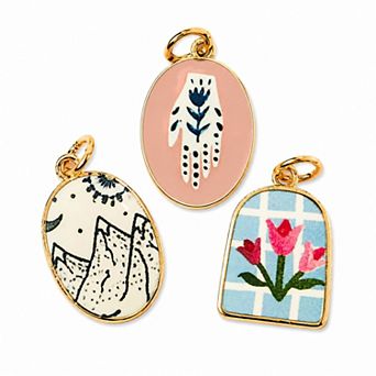 3 pc Scenic Artwork Keychain Bag Charm Set with Gold Tone Trim for Bags and Keys