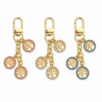 3 pc Tree Medallion Keychain Bag Charm with Rhinestone Trim Gold Tone Chain and Clip