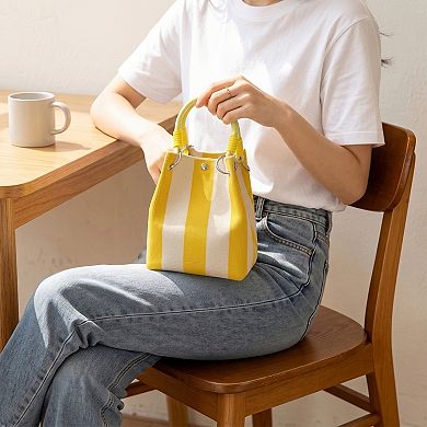 Womens Small Striped Knit Bucket Bag with Rope Handles and Snap Closure
