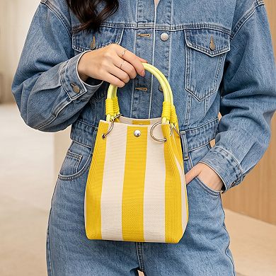 Womens Small Striped Knit Bucket Bag with Rope Handles and Snap Closure