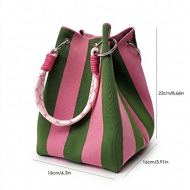 Womens Small Striped Knit Bucket Bag with Rope Handles and Snap Closure