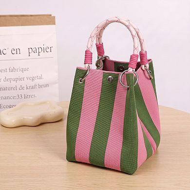 Womens Small Striped Knit Bucket Bag with Rope Handles and Snap Closure