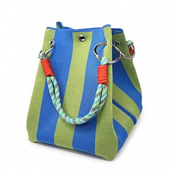 Womens Small Striped Knit Bucket Bag with Rope Handles and Snap Closure